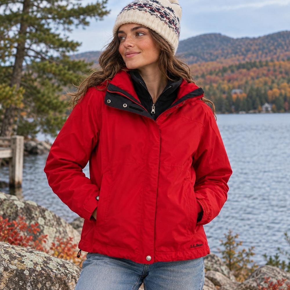 LL Bean Womens 3 in 1 Jacket Sz S Red Black Fleece Liner Hood Gorpcore Outdoor